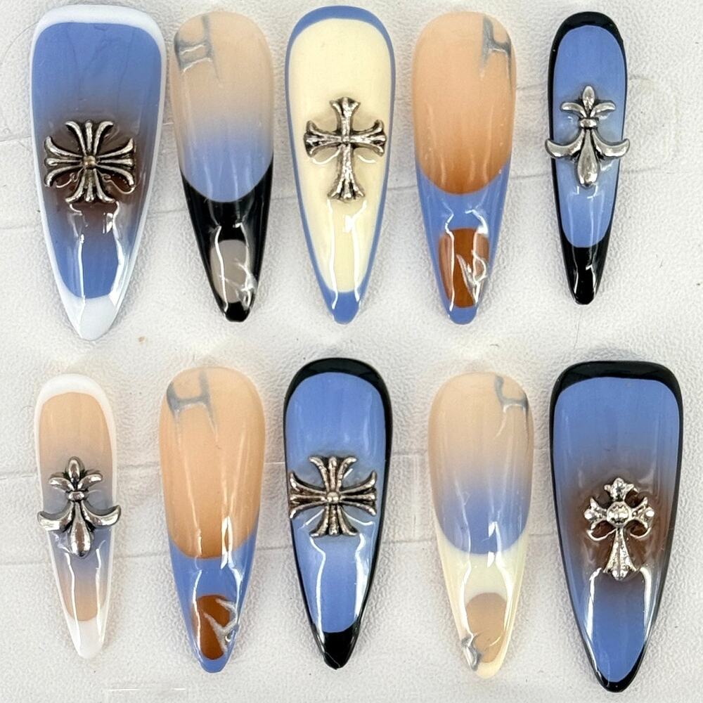 NailVesta Gothic Sky Stiletto Long Handcrafted 3D Nail Set Sz Small Blue Cross
